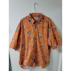 Vintage Columbia Mens XL Button Down Shirt Short Sleeve Orange Ocean Fish Print